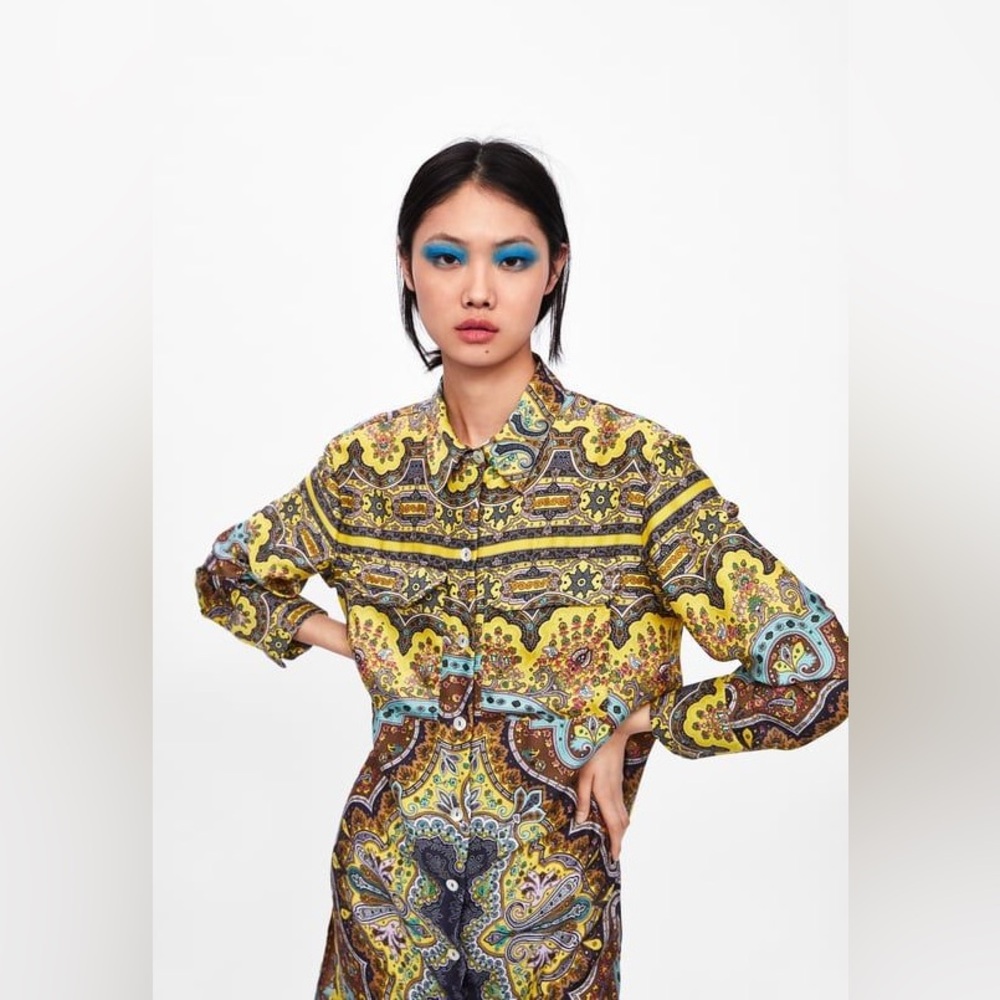 Zara Satin Maxi-Shirt Tunic Dress / Kimono Paisley Print. Size M